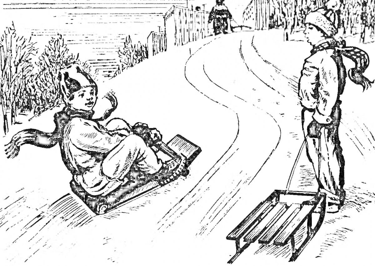 Раскраска Дети на санках на горке зимой. Один ребёнок едет на санках, другой стоит рядом с санями. На заднем плане заснеженный холм и деревья.
