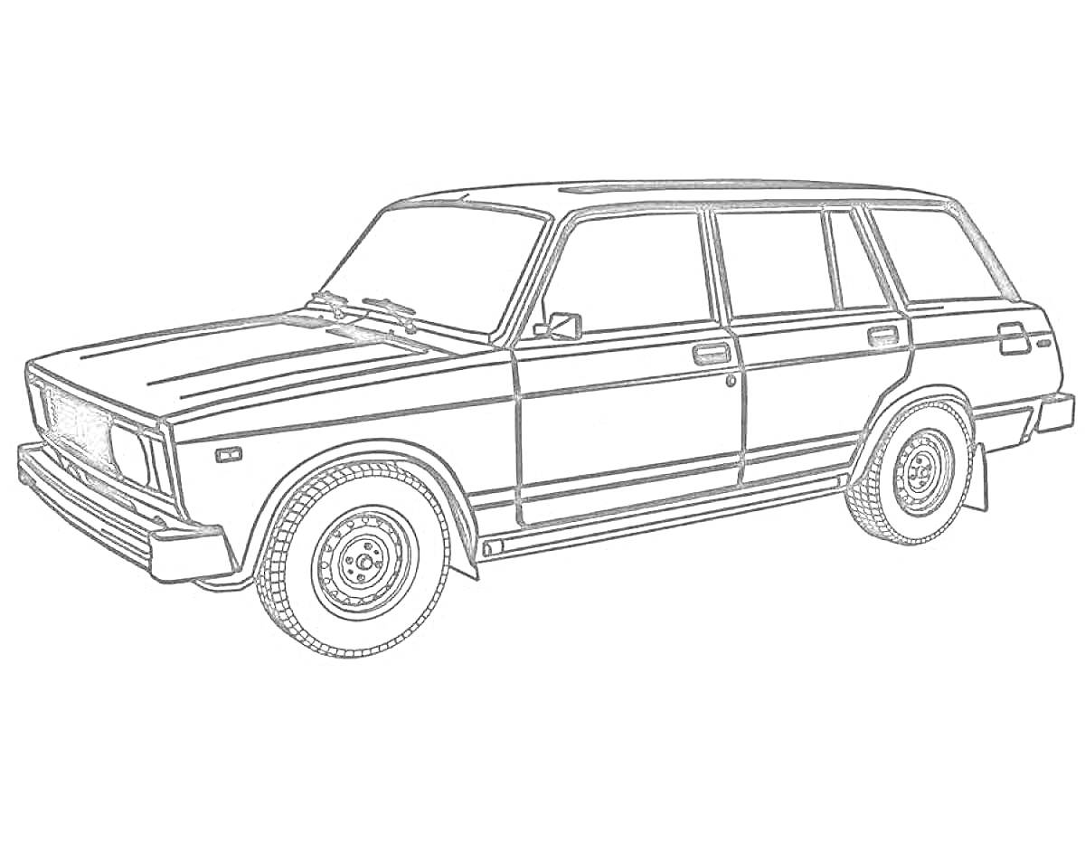 Раскраска Черно-белая раскраска автомобиля ВАЗ 2107 с четырьмя дверями и колесами
