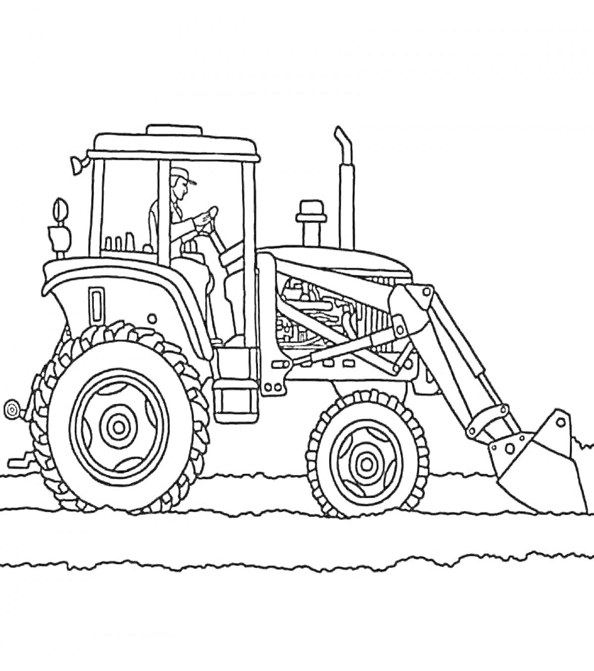 Раскраска Трактор с ковшом и водителем на поле