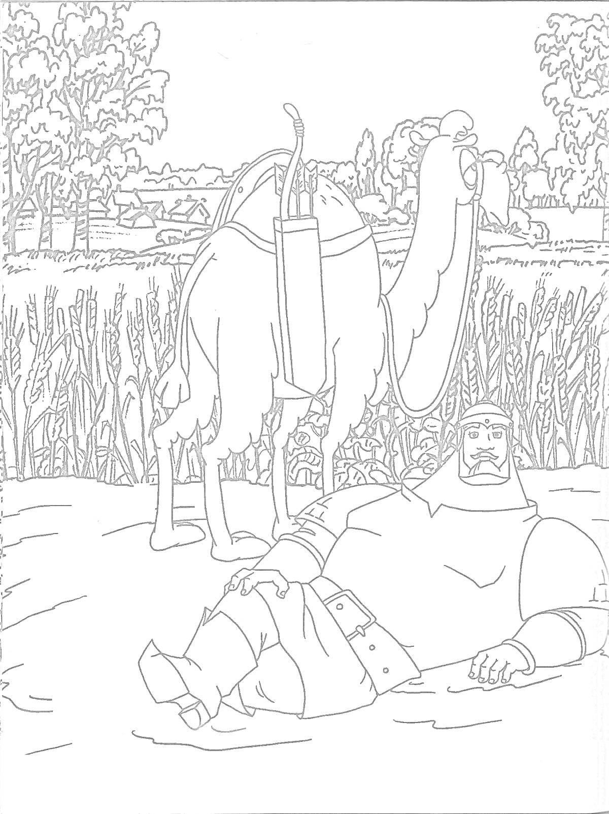 На раскраске изображено: Три богатыря, Богатырь, Верблюд, Поле, Природа, Деревья, Из мультфильмов