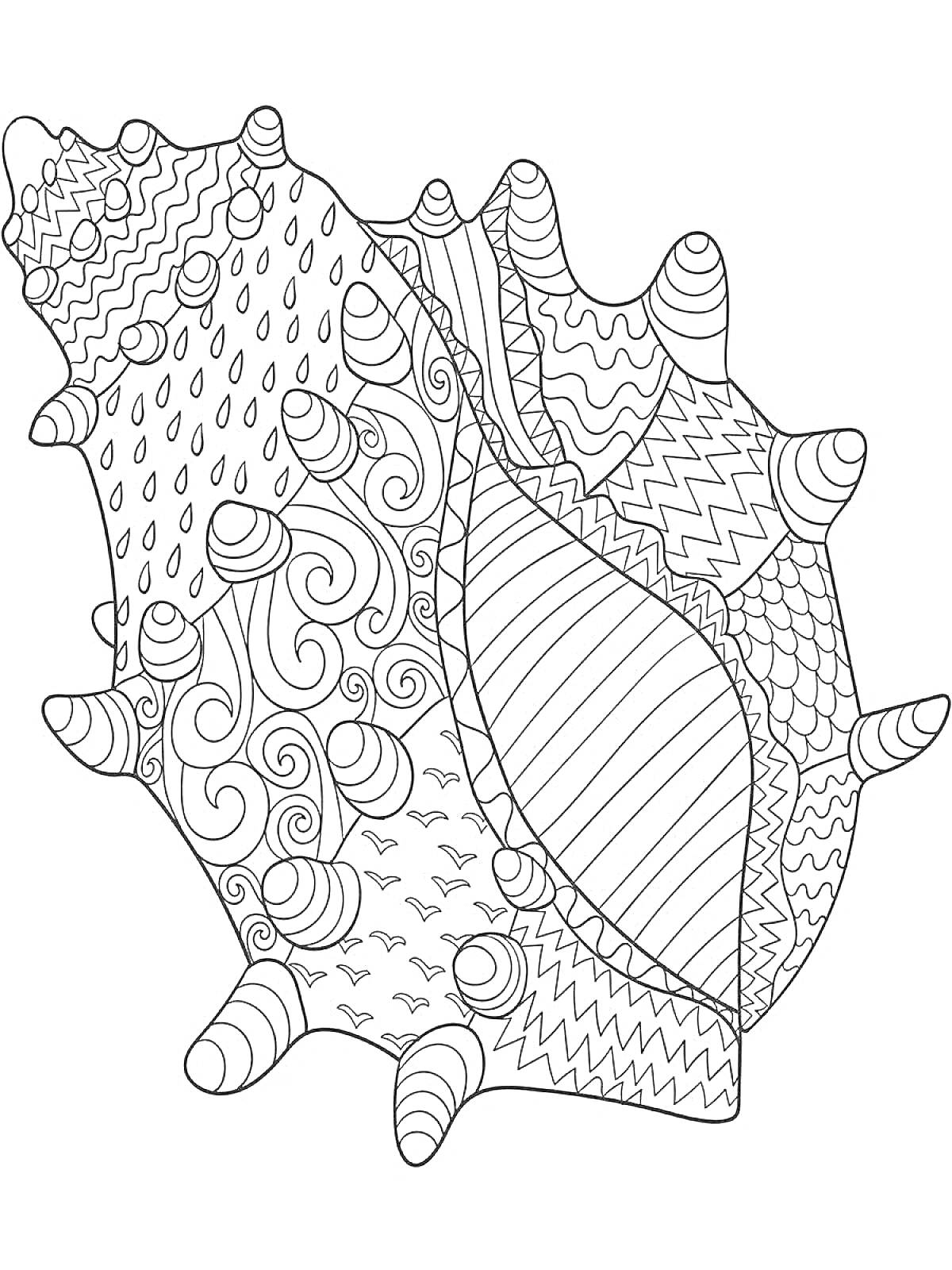 Раскраска антистресс черепаха с ракушкой, узоры в виде волн, капель, зигзагов и спиралей