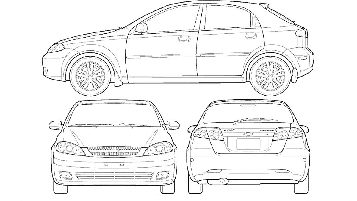 Раскраска Chevrolet Cruze в трех проекциях - вид сбоку, спереди и сзади