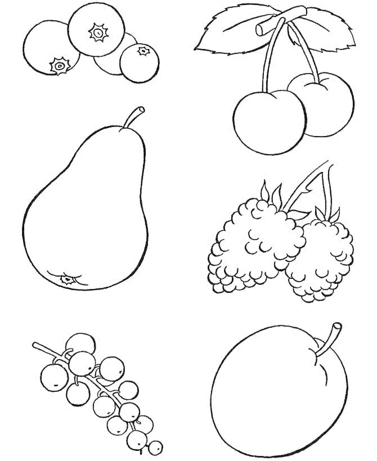 На раскраске изображено: Фрукты, Ягоды, Черника, Вишня, Малина, Смородина, Слива, Для детей, 6 лет, 7 лет