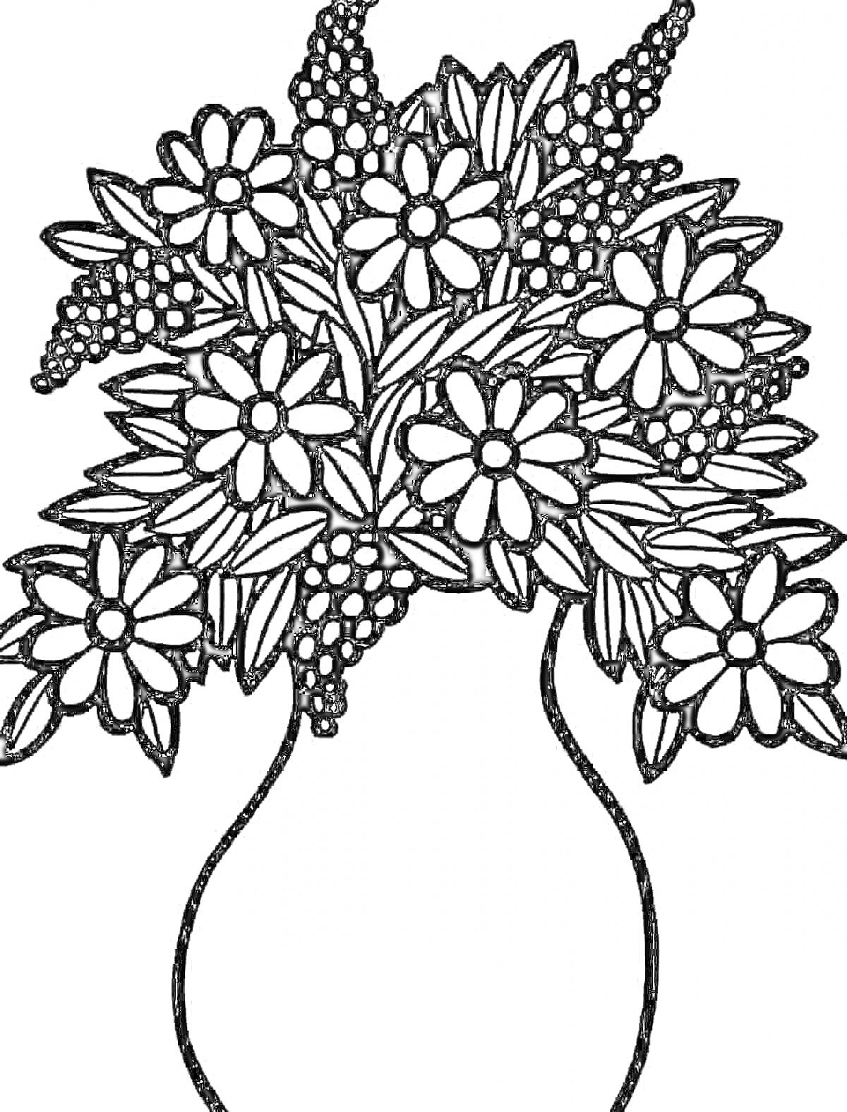 На раскраске изображено: Цветы, Ваза, Листья, Контурное рисование