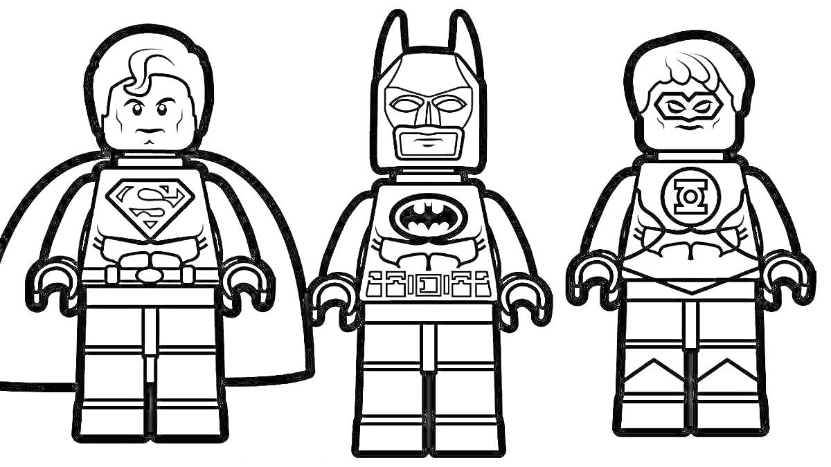 Раскраска Лего персонажи в костюмах супергероев, Супермен, Бэтмен, Зелёный Фонарь