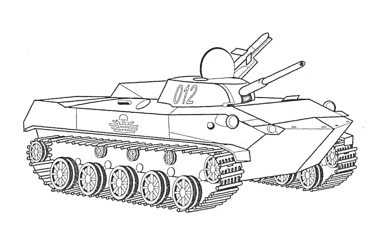 Раскраска Боевой танк с пушкой и луночным номером 012