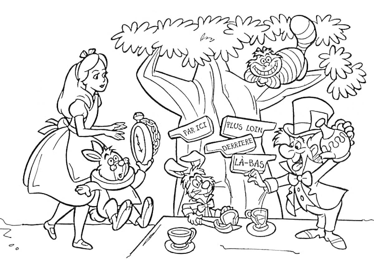 На раскраске изображено: Алиса, Чеширский кот, Чаепитие, Из сказок, Для детей, Деревья