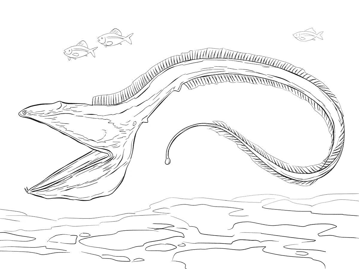 Морское чудовище змееподобной формы, окруженное рыбками на фоне подводного ландшафта