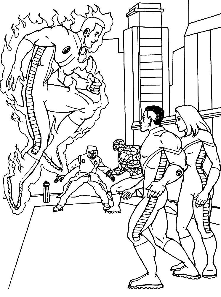 Раскраска Четыре героя Фантастической четверки в городе, Человек-Факел, Невидимая леди, Существо и Мистер Фантастик среди зданий