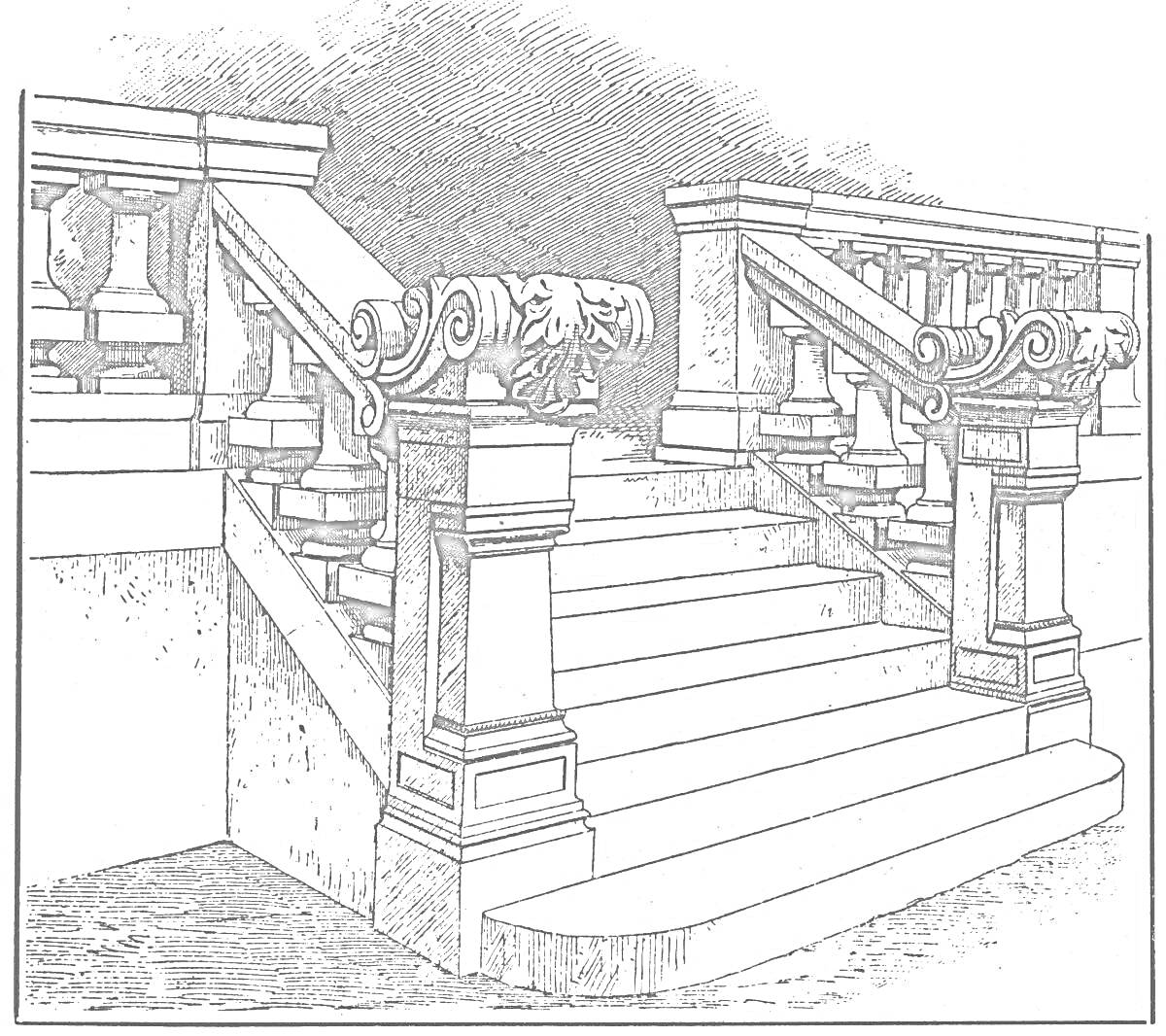 Раскраска Крыльцо с массивными ступенями и резными перилами, украшенными декоративными элементами