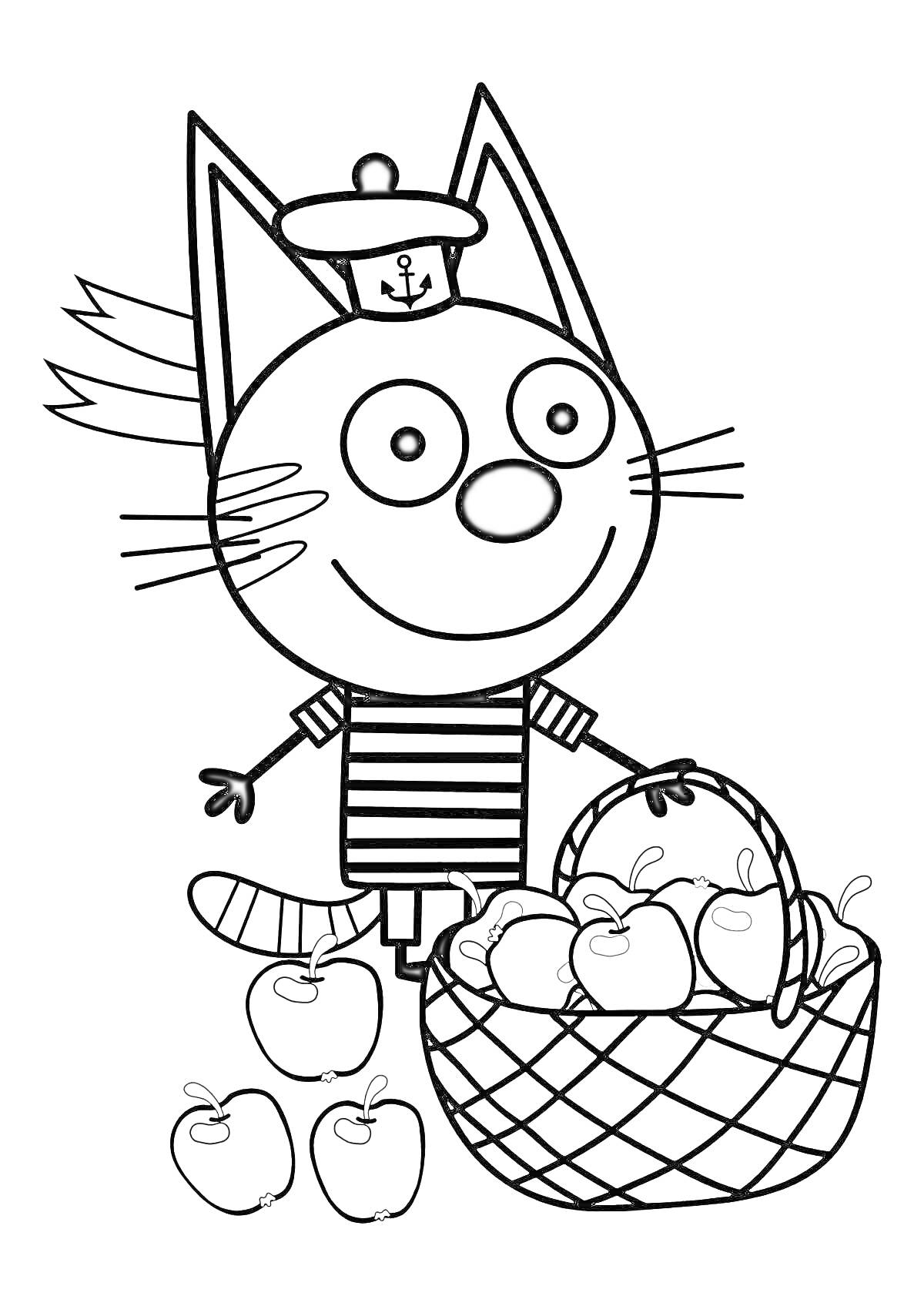 На раскраске изображено: Тельняшка, Корзина, Три кота, Для детей, 2-3 года, Из мультфильмов, Яблоко, Кот