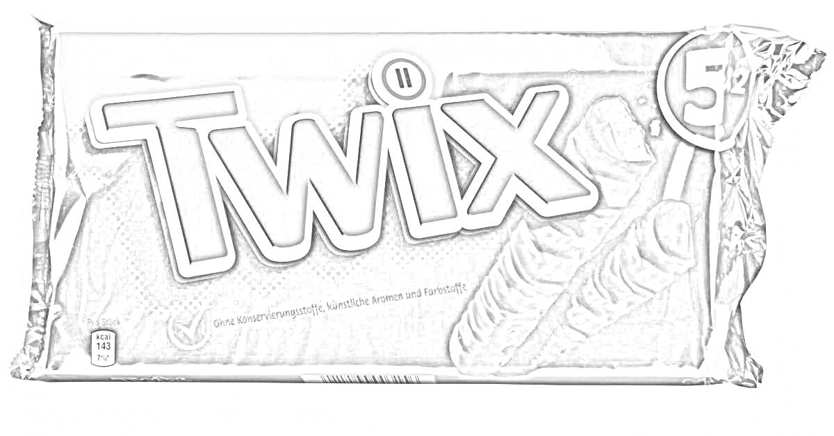 Раскраска Упаковка шоколадного батончика Twix с изображением пяти батончиков и надписью 