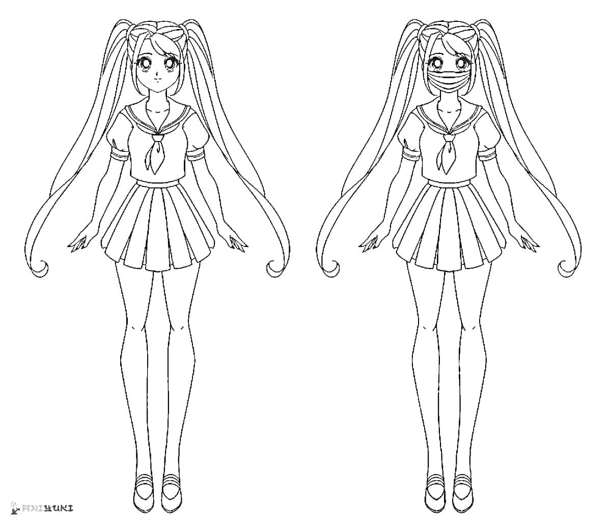 Раскраска Девушка-аниме в школьной форме с длинными хвостами