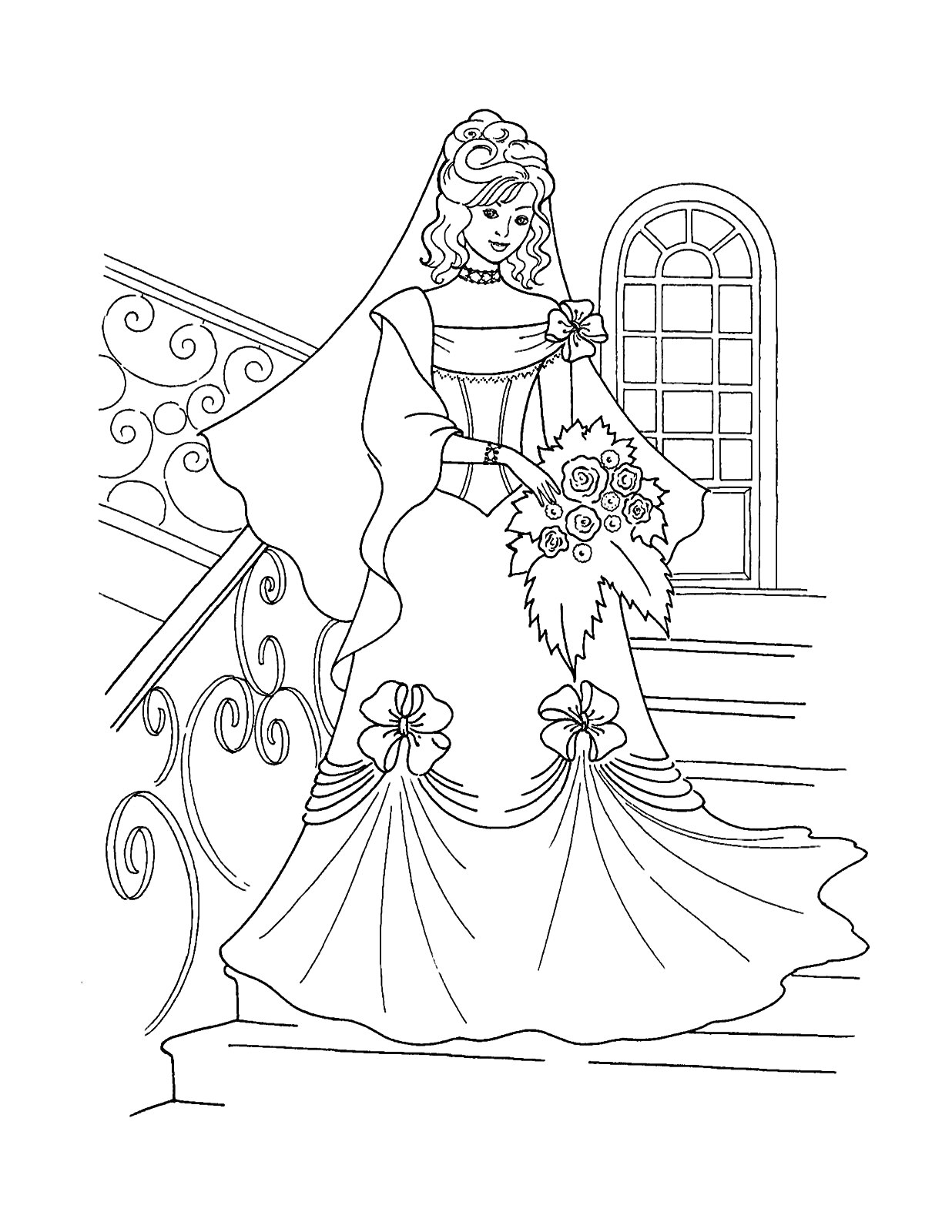 На раскраске изображено: Невеста, Лестница, Цветы, Свадьба, Платье, Фата, Декорации, Перила, Узоры, Окна, Букет цветов