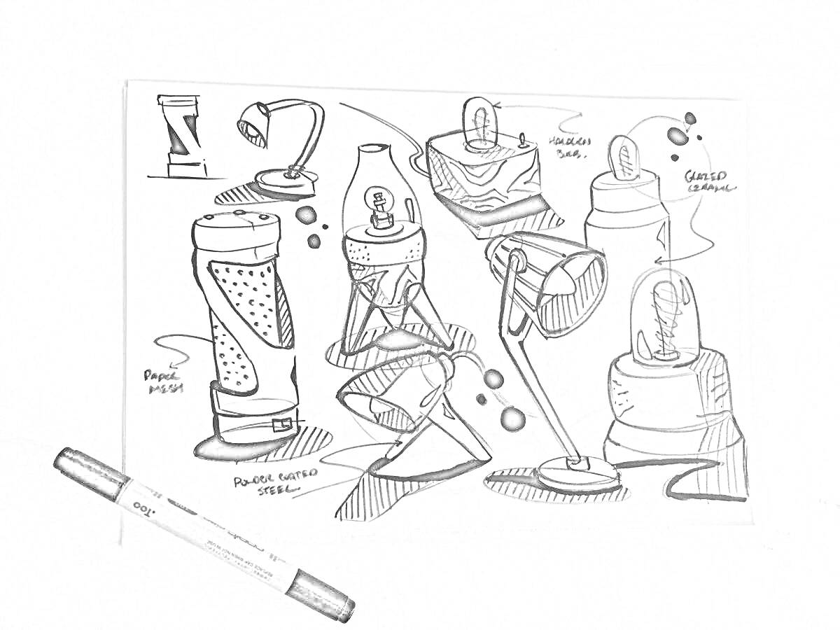  Скетчинг маркерами - микрофон, лампа, спрей, чашка, смарт-сенсор, модель обуви, гантеля, кегля
