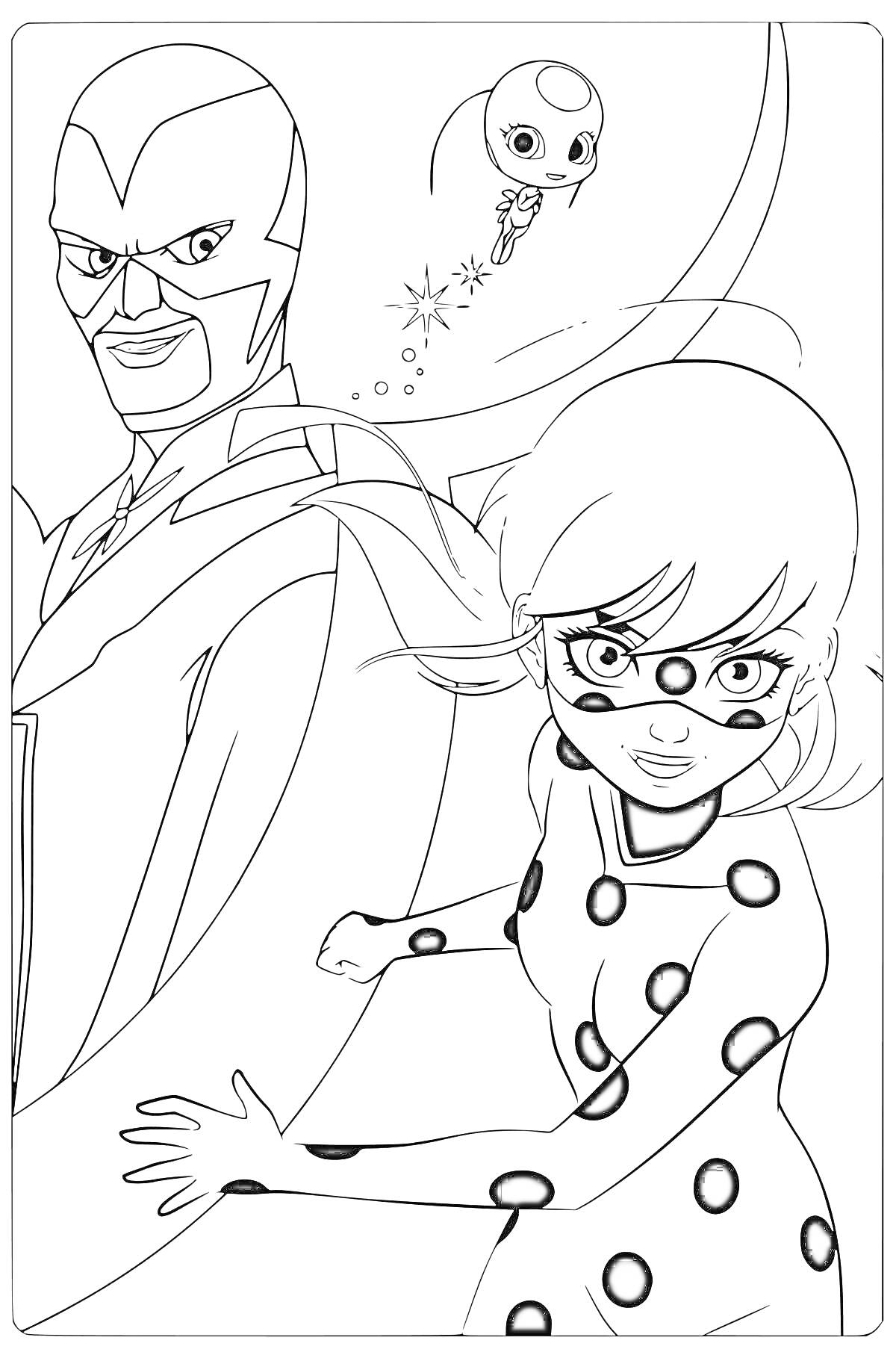Раскраска Леди Баг, Суперкот и маленький персонаж на фоне с волшебной палочкой