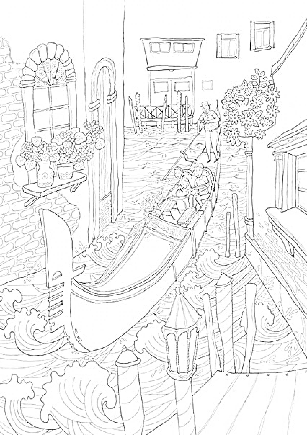Гондола на канале в Венеции с гондольером и пассажирами, цветы на подоконниках, здания вдоль канала, улица с пешеходами