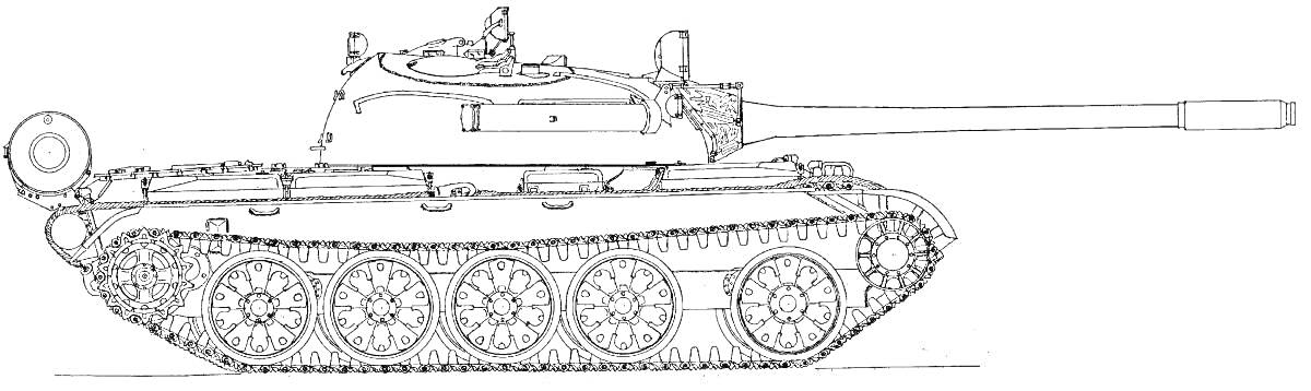 Раскраска Т-34 средний танк с пушкой и гусеничной ходовой частью, боковой вид