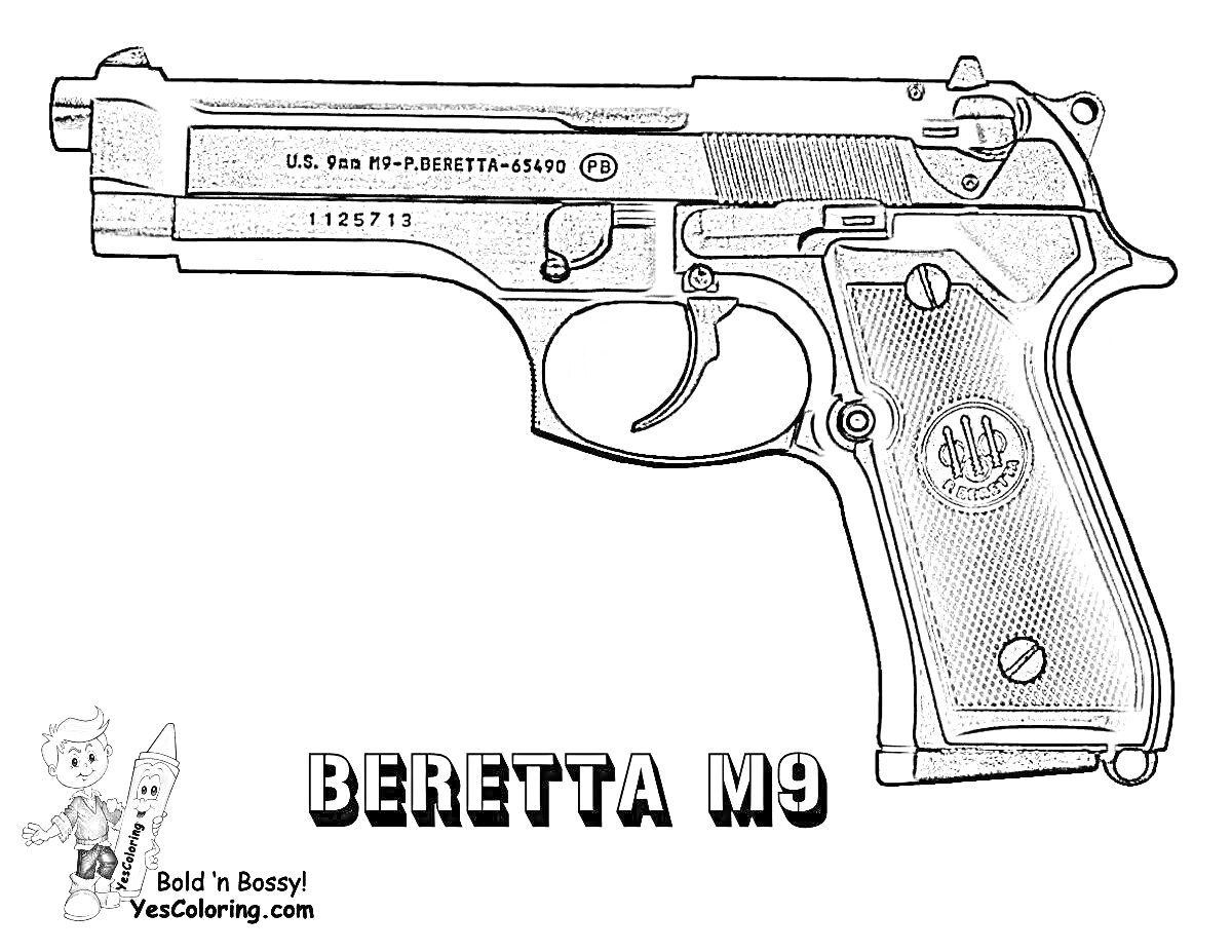 Раскраска Пистолет Beretta M9 c логотипом и маркировками