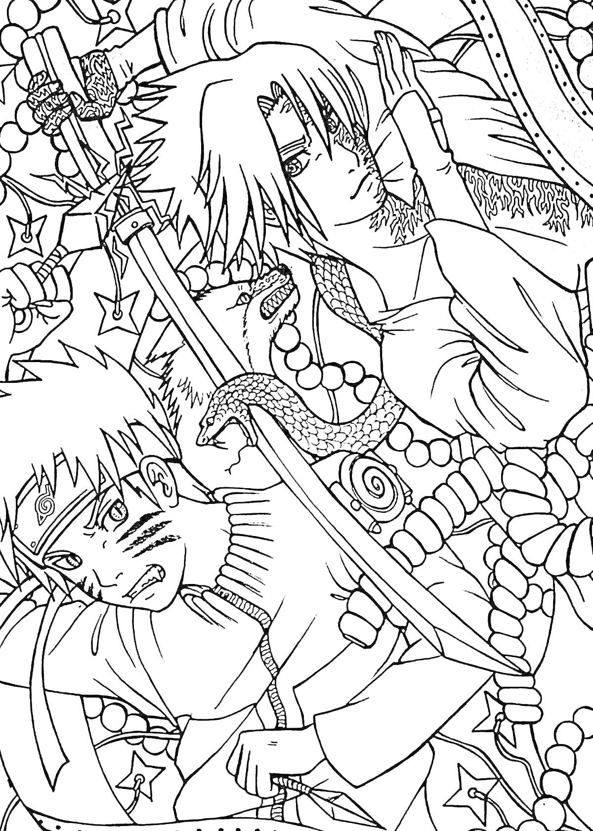 Раскраска Два персонажа из Наруто с разными выражениями лиц, мечом, змеёй и фоновой символикой