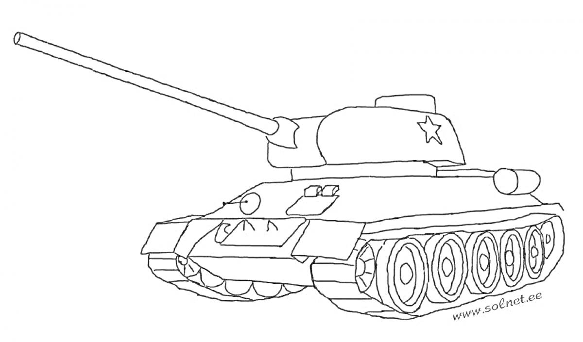 На раскраске изображено: Танк Т-34, Военная техника, Гусеницы, Пушка, Боевой танк