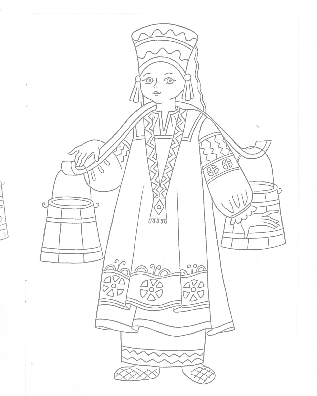 На раскраске изображено: Русский национальный костюм, Коромысло, Традиционная одежда, Девочка