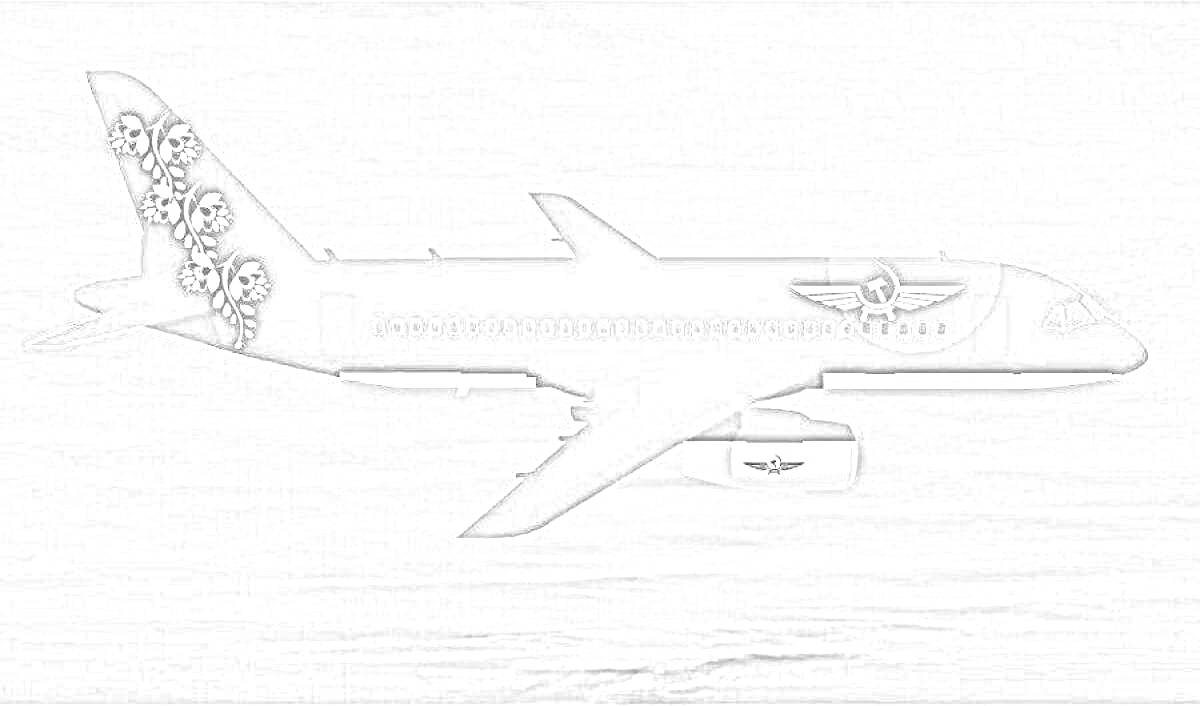 На раскраске изображено: Пассажирский самолет, Авиакомпания, Фюзеляж, Небо, Море