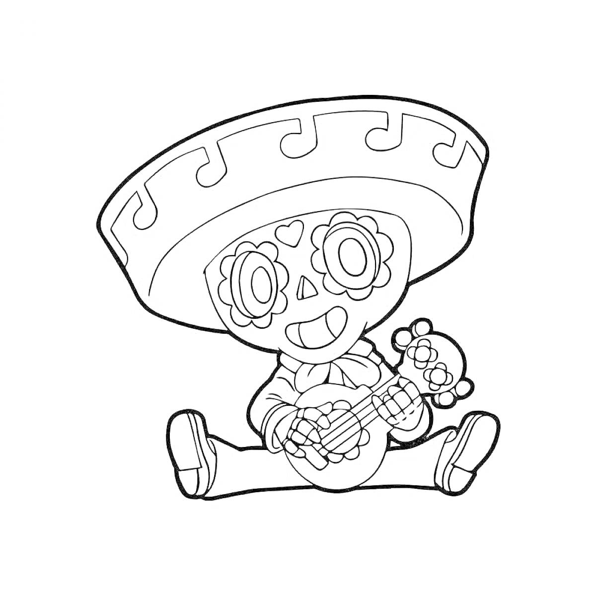 Раскраска Эль Примо в шляпе со скелетной маской, сидящий с бубном