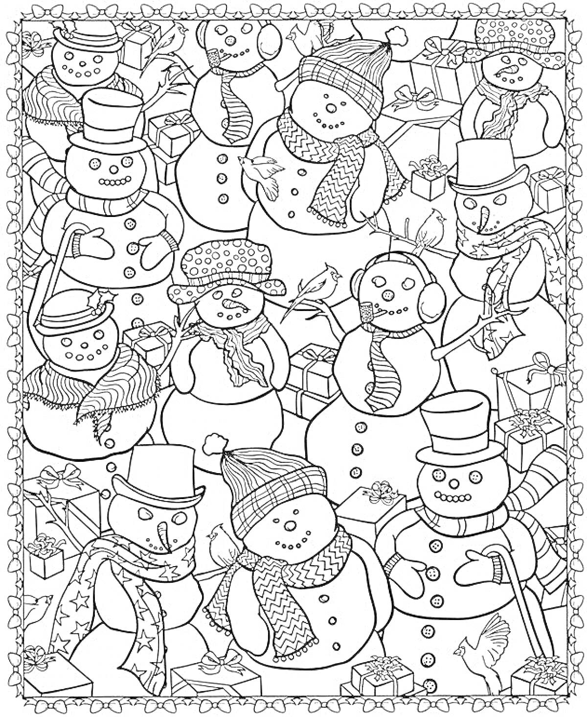 На раскраске изображено: Снеговики, Новый год, Подарки, Зима, Шарф, Шапка, Птица, Праздники
