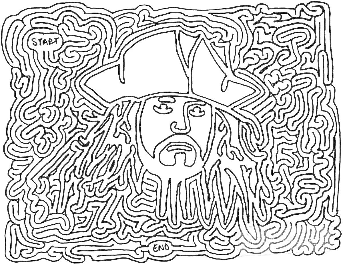 Раскраска Лабиринт с пиратом в шляпе и длинными волосами