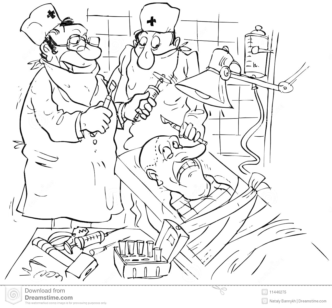 На раскраске изображено: Операция, Медицинские инструменты, Пациент, Лампа, Операционный стол, Шприц, Медицинская шапочка