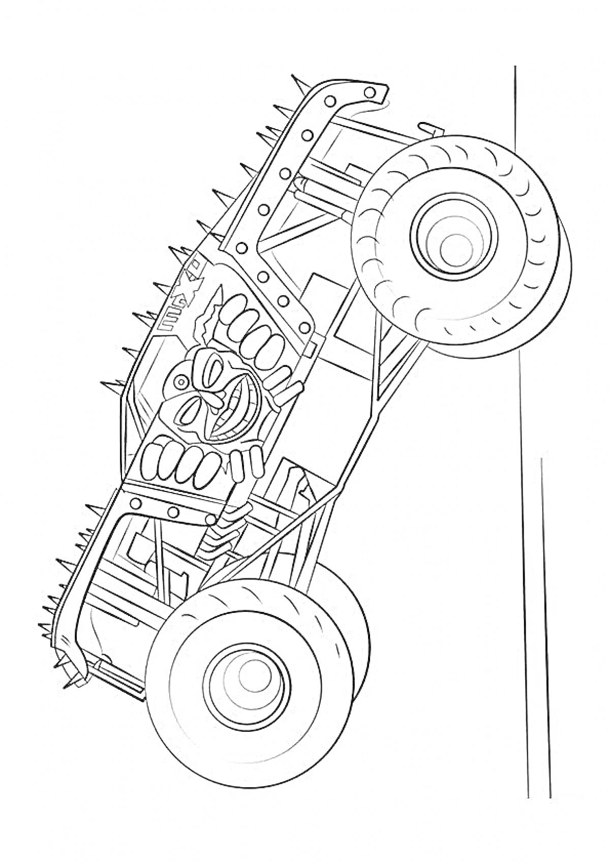 Раскраска Монстр-трак с водителем в шлеме и костюме, едущий по вертикальной поверхности