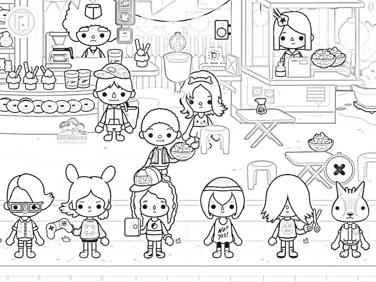 Раскраска Уличное кафе с персонажами и едой