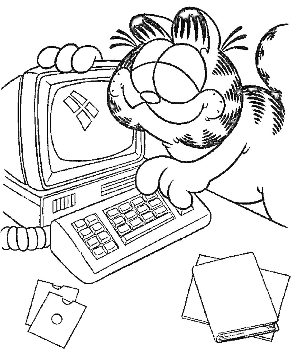 Кот за компьютером со старым монитором и клавиатурой, рядом лежат две папки с документами и дискета