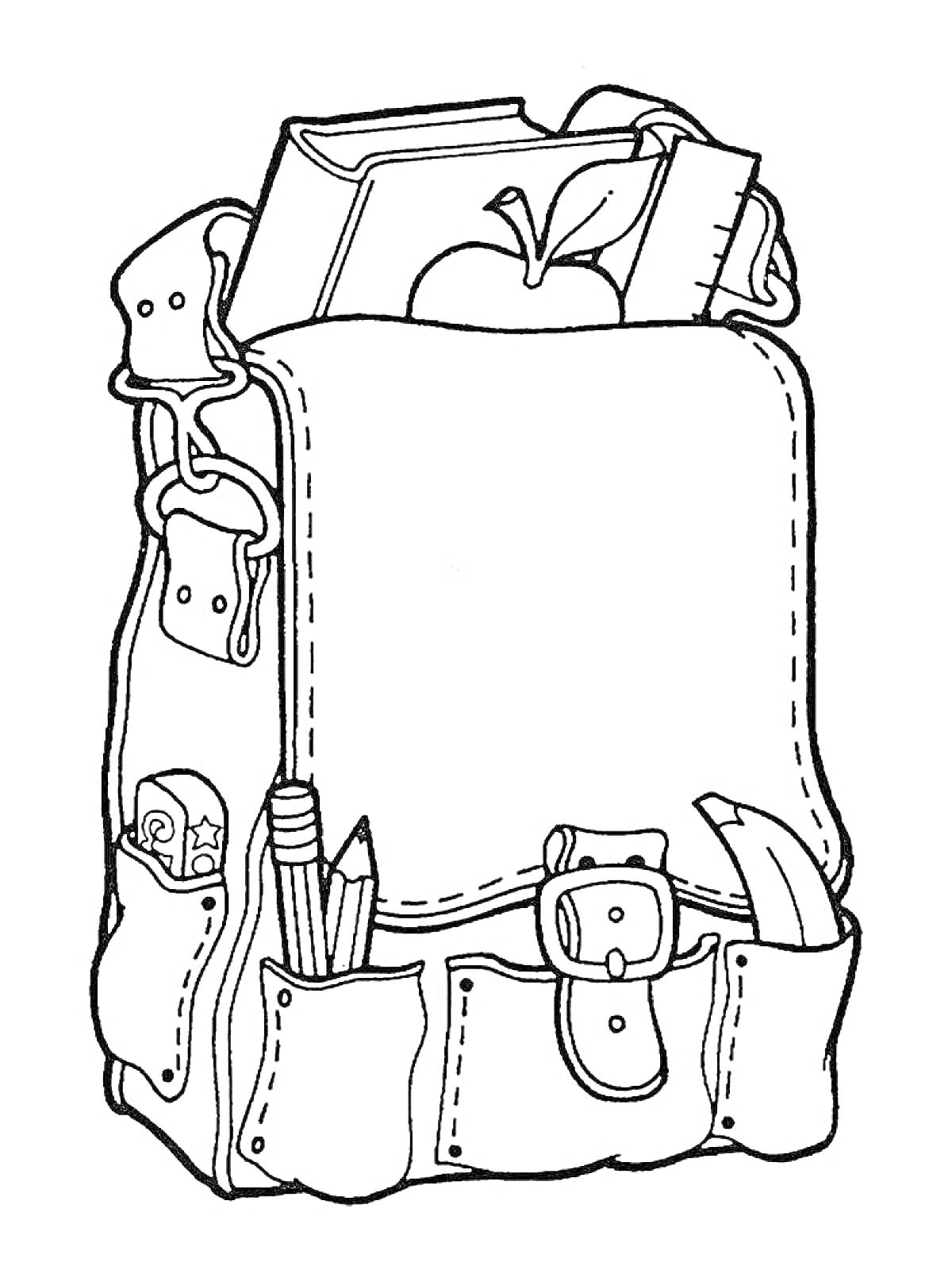 Раскраска Школьный рюкзак с яблоком, книгами, карандашом, линейкой, ножом и ластиком