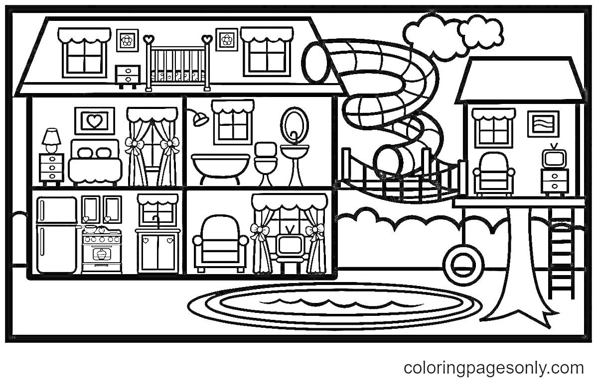 Раскраска Домик Лол с комнатами, деревом с домиком, горкой и бассейном