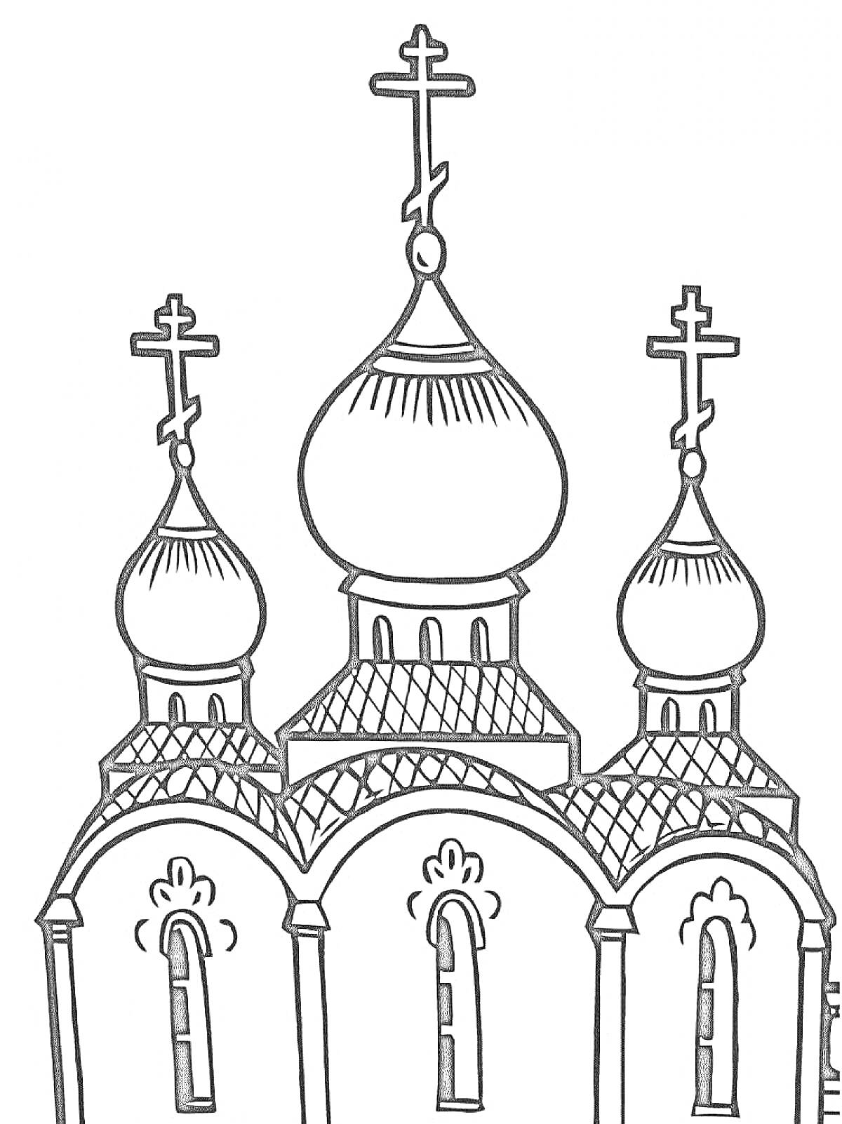 На раскраске изображено: Церковь, Купола, Храм, Архитектура, Религия, Христианство, Декор, Здание, Крест