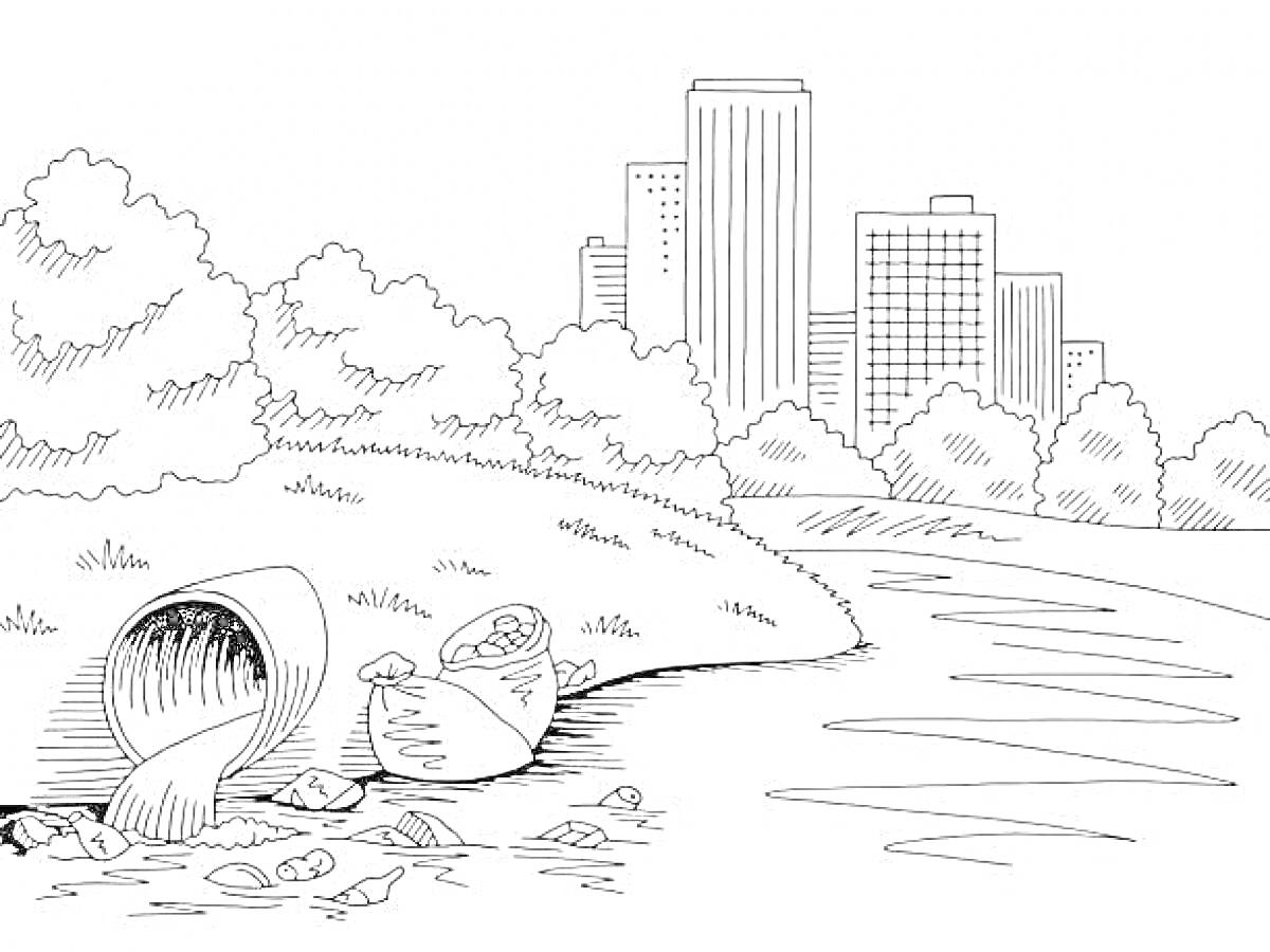 Раскраска Загрязнение реки городскими отходами (труба с загрязняющими веществами, мешки с мусором, река, деревья, городские здания на заднем плане)