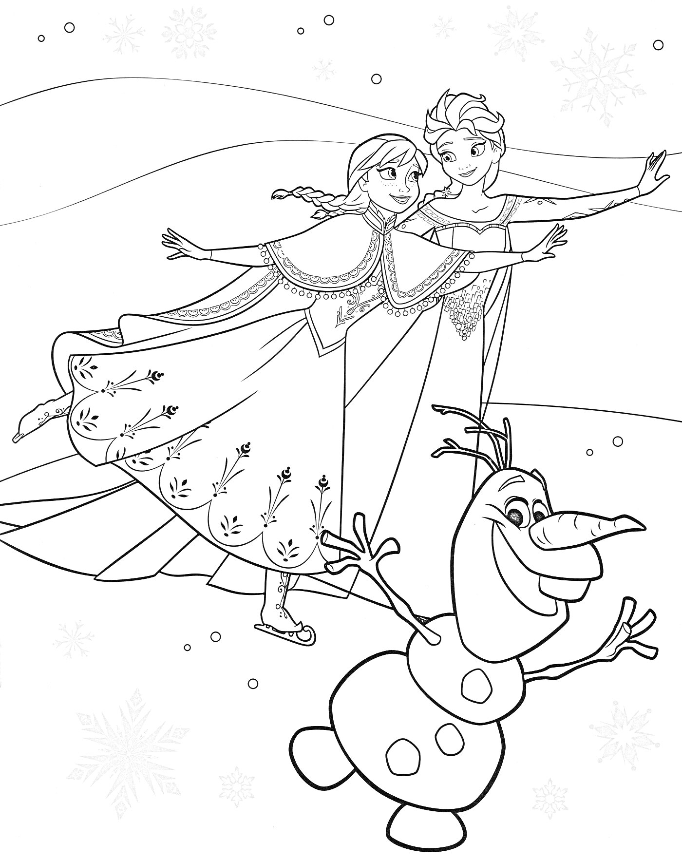 На раскраске изображено: Эльза, Олаф, Снежинки, Танец, Замок, Зима