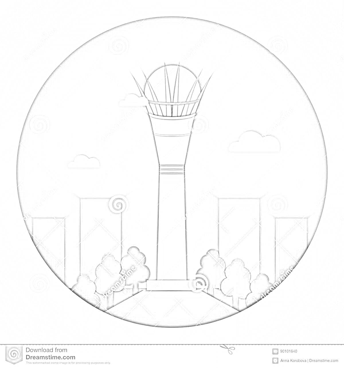 Раскраска Бәйтерек на фоне городского пейзажа с облаками, небоскребами и деревьями