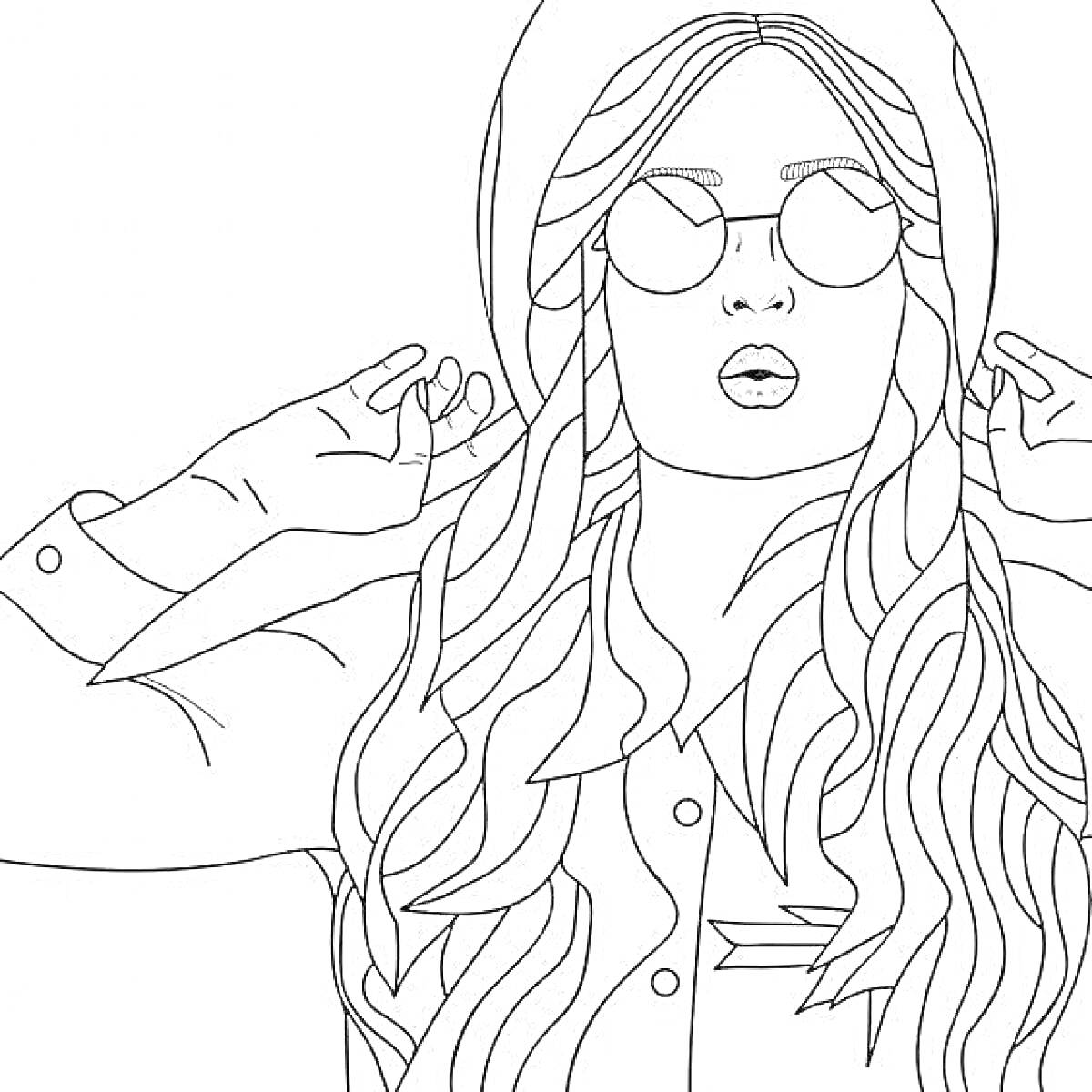 Раскраска Девушка-блогер в очках и с длинными волосами в шапке