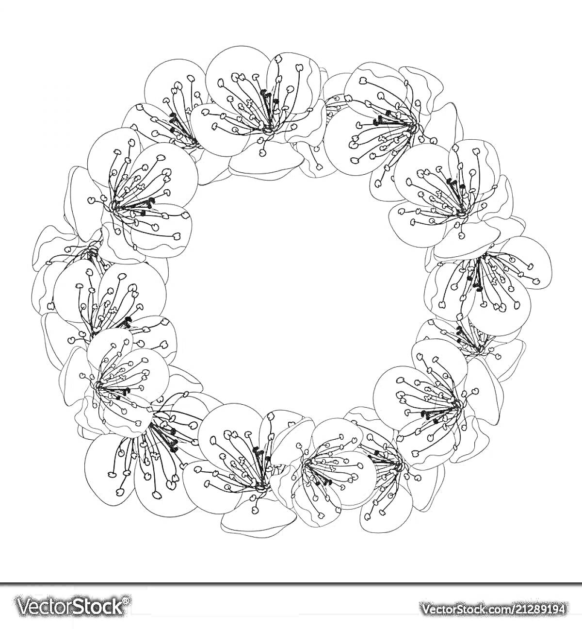 На раскраске изображено: Венок, Цветы, Лепестки, Тычинки, Цветочный узор