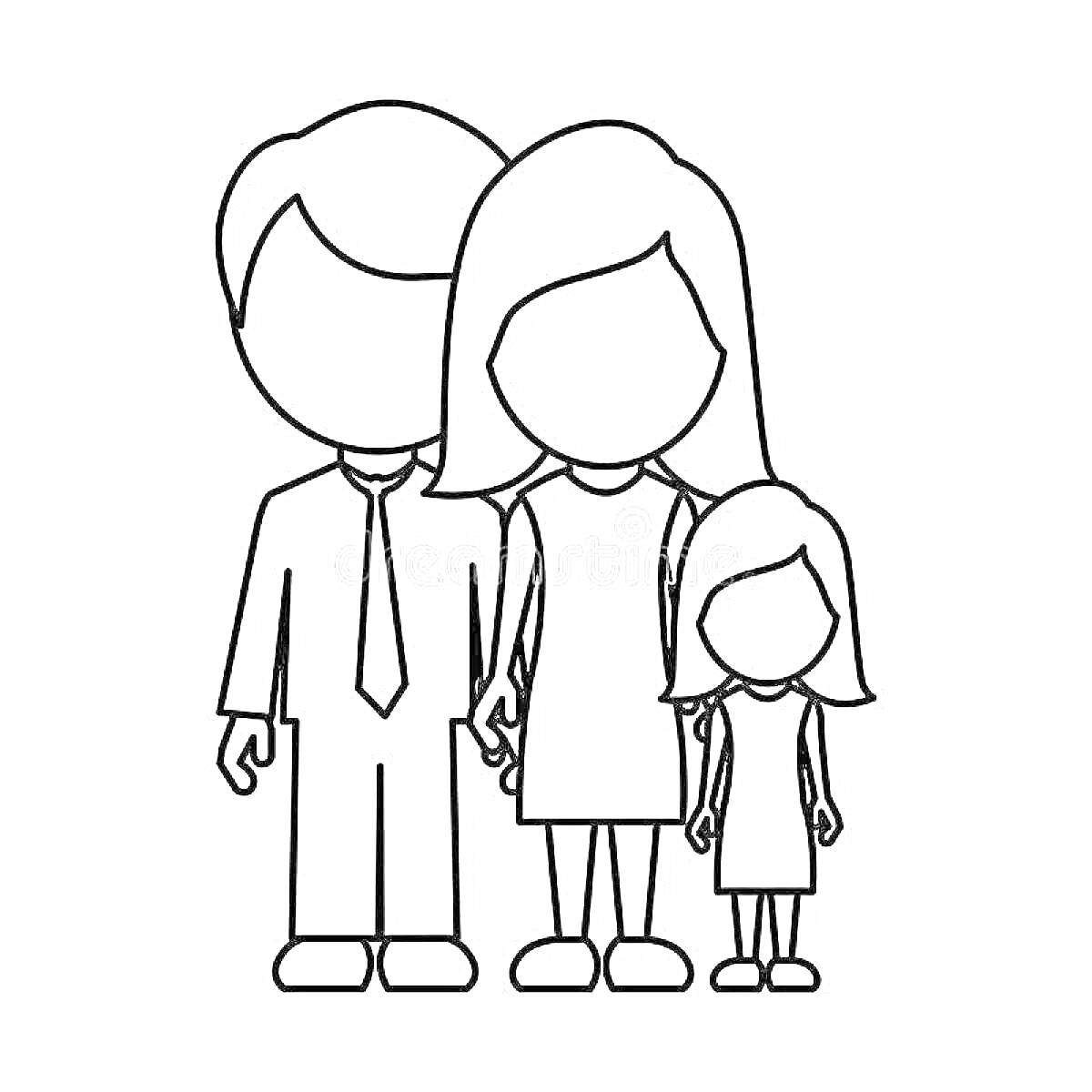 На раскраске изображено: Семья, Родители, Дочь, Отец, Родители и дети, Семейное фото