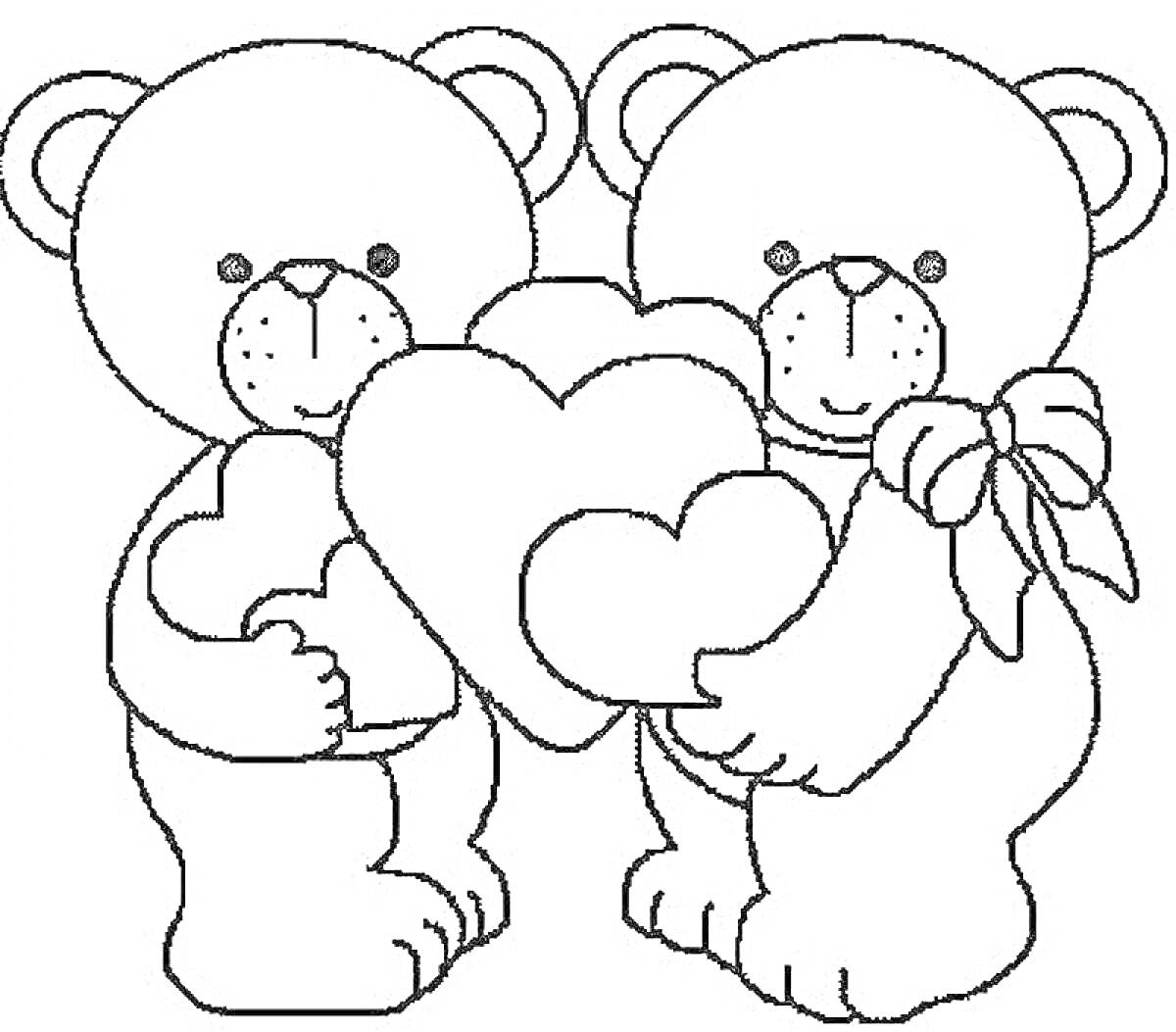 Раскраска два медвежонка, держащие сердечки, с бантом на одном из медвежат