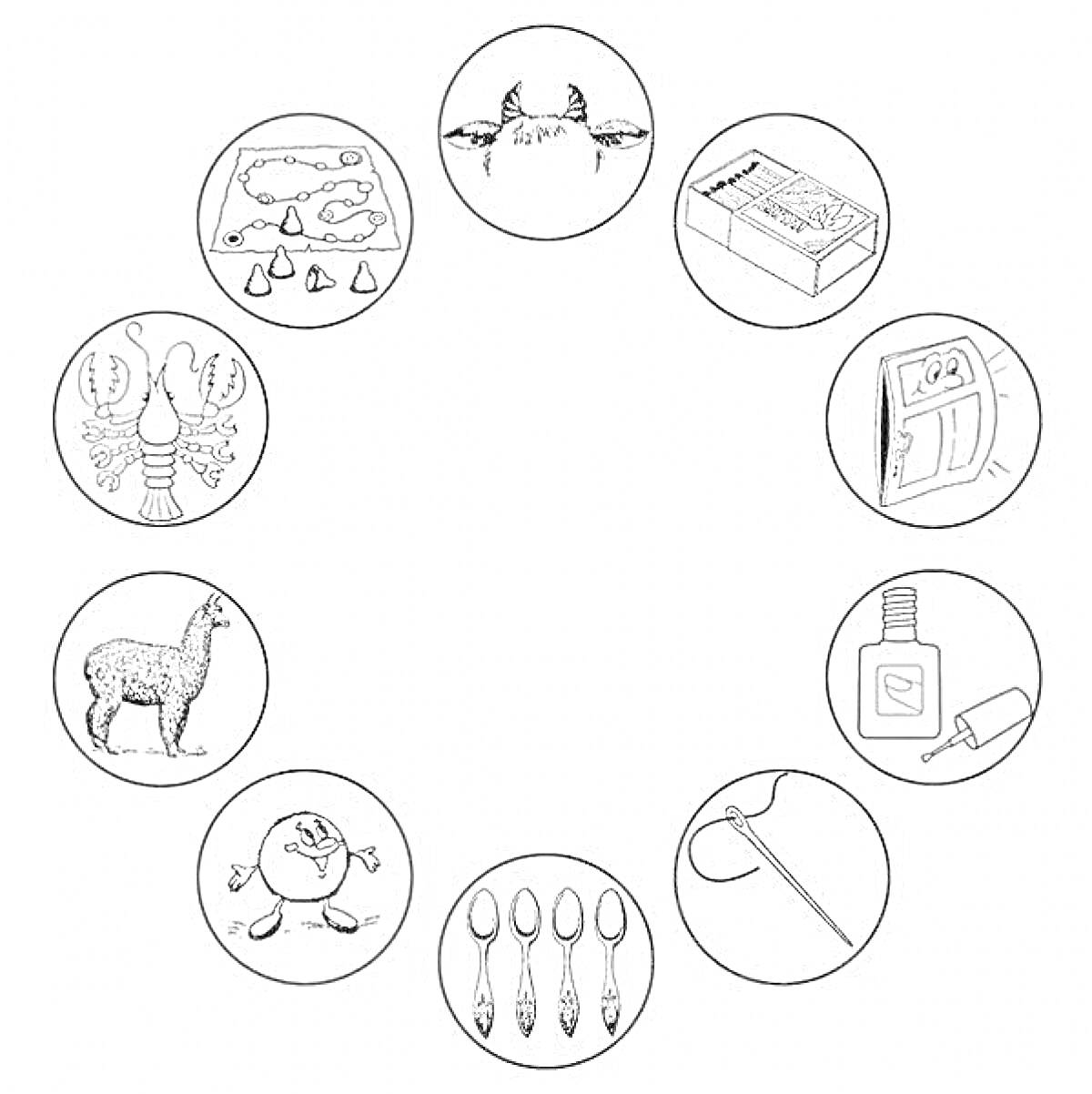 Раскраска Раскраска с кругом элементов: скрипка, журавли, шкаф, шприц, ложки, часы, альпака, язык, блюдечки, шашки