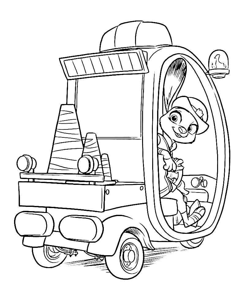 Раскраска Зверополис — персонаж-кролик в полицейской машине