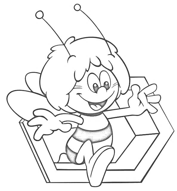 Раскраска Пчелка Майя с крыльями и антеннами сидит на соте
