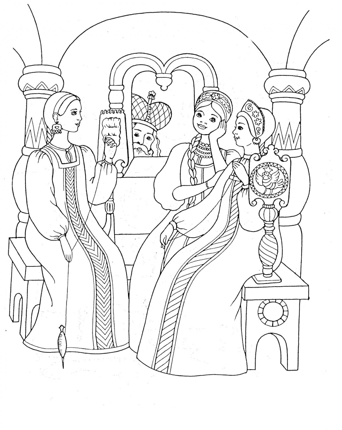 На раскраске изображено: Три девушки, Лавка, Арка, Традиционные наряды, Интерьер