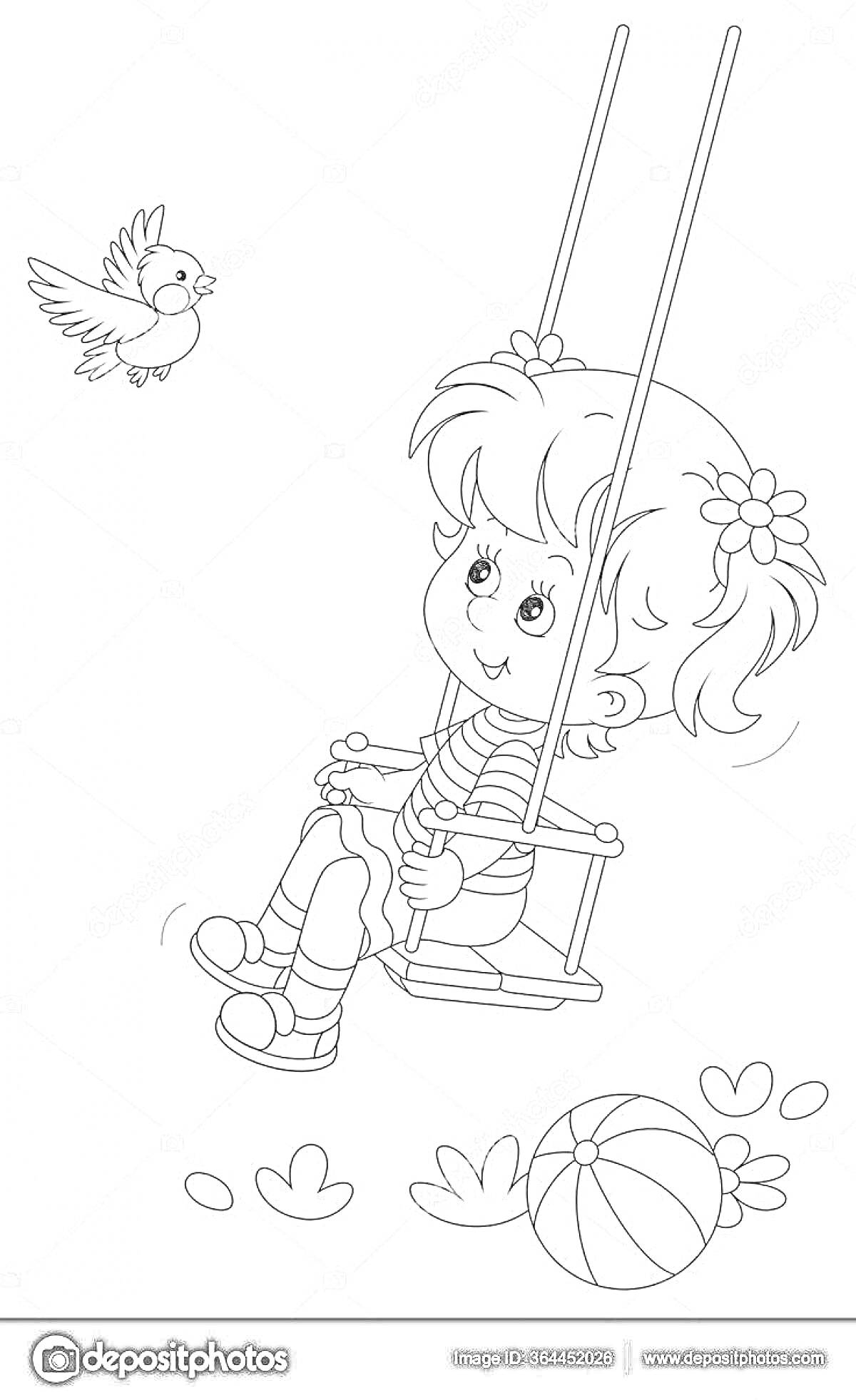 На раскраске изображено: Девочка, Качели, Птица, Листья, Игра, Природа