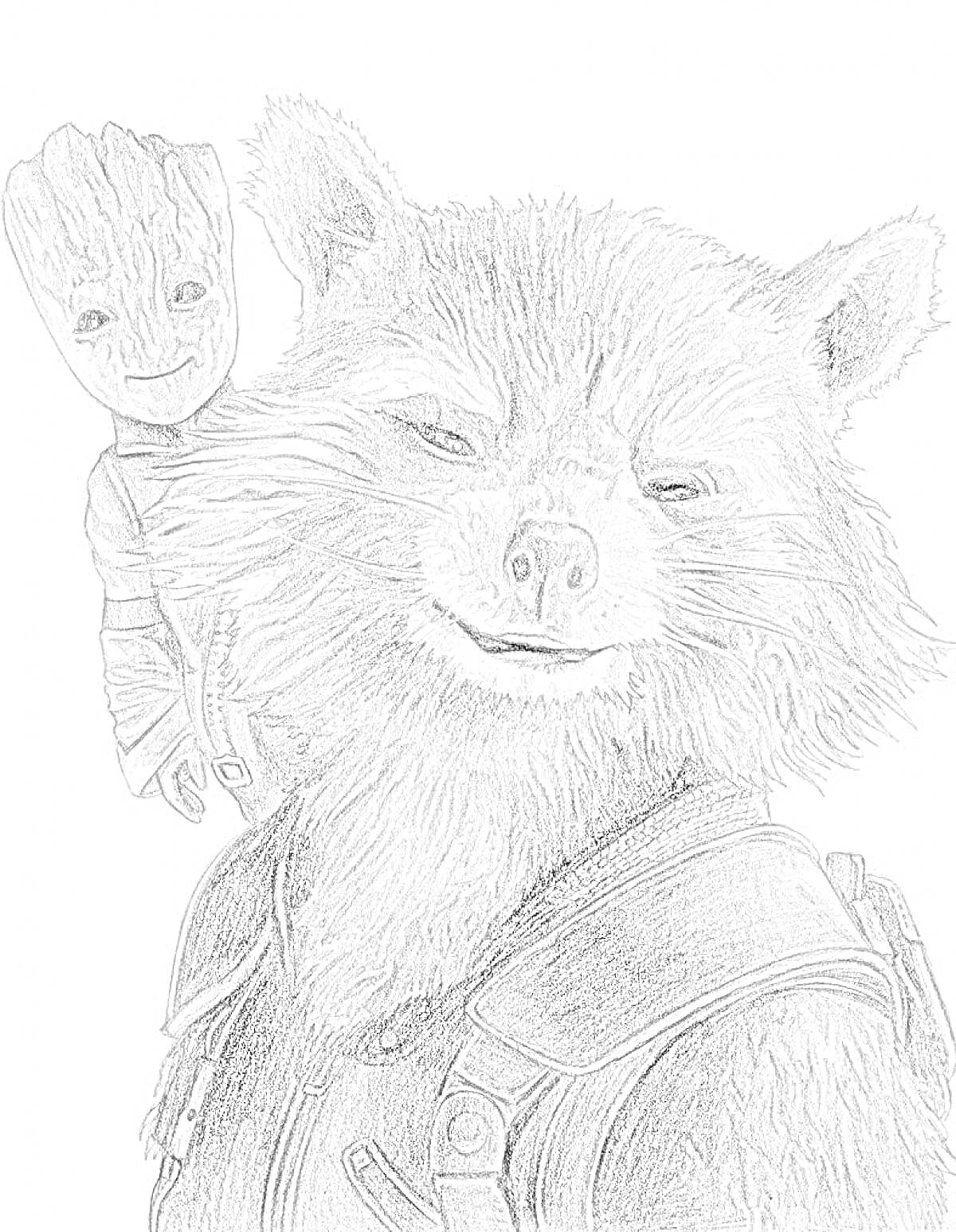 Раскраска Енот с малышом Грутом на плече